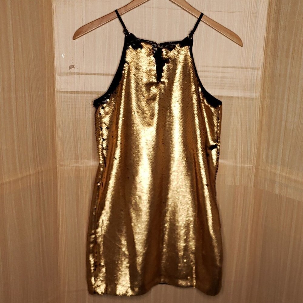 Gilli Womens Gold Reversible Sequin Mini Dress Small - Picture 2 of 9